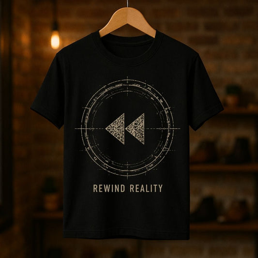 A black short-sleeve t-shirt hanging on a wooden hanger against a warm, blurred brick wall background. The shirt features a distressed beige circular graphic with a rewind symbol and the text 'REWIND REALITY' printed below.