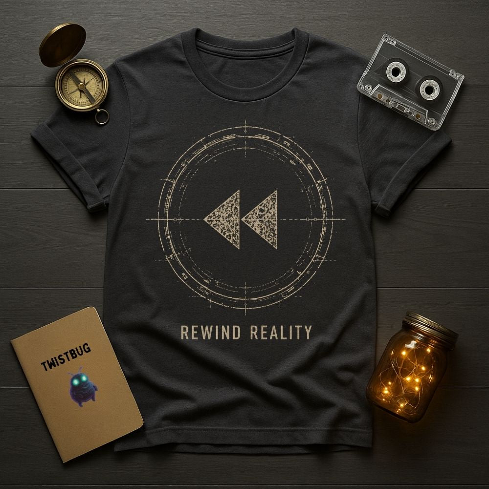 A dark charcoal gray graphic t-shirt laid flat on a dark wood background, surrounded by decorative props including a vintage compass, cassette tape, Twistbug notebook, and a glass jar with warm fairy lights. The t-shirt features a circular rewind symbol and the text 'REWIND REALITY'.