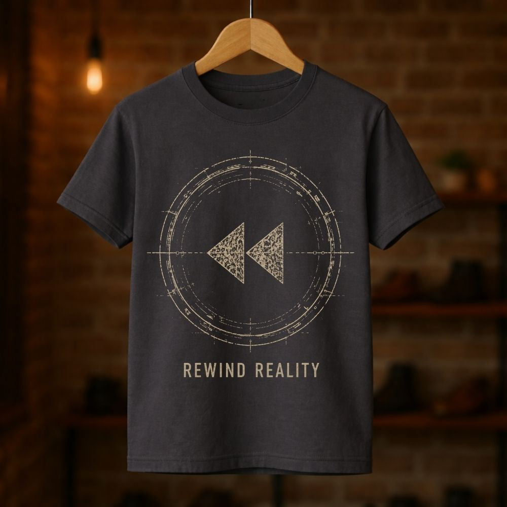 A dark charcoal gray t-shirt hanging on a wooden hanger against a blurred brick wall background. The shirt features a distressed beige graphic of a rewind symbol inside a circular target, with the text 'REWIND REALITY' printed below.
