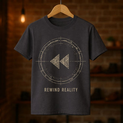 A dark charcoal gray t-shirt hanging on a wooden hanger against a blurred brick wall background. The shirt features a distressed beige graphic of a rewind symbol inside a circular target, with the text 'REWIND REALITY' printed below.