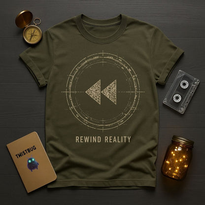 An olive green graphic t-shirt laid flat on a dark wood background, surrounded by themed props including a compass, cassette tape, notebook, and mason jar with warm lights. The t-shirt features a circular rewind symbol and the text 'REWIND REALITY'.