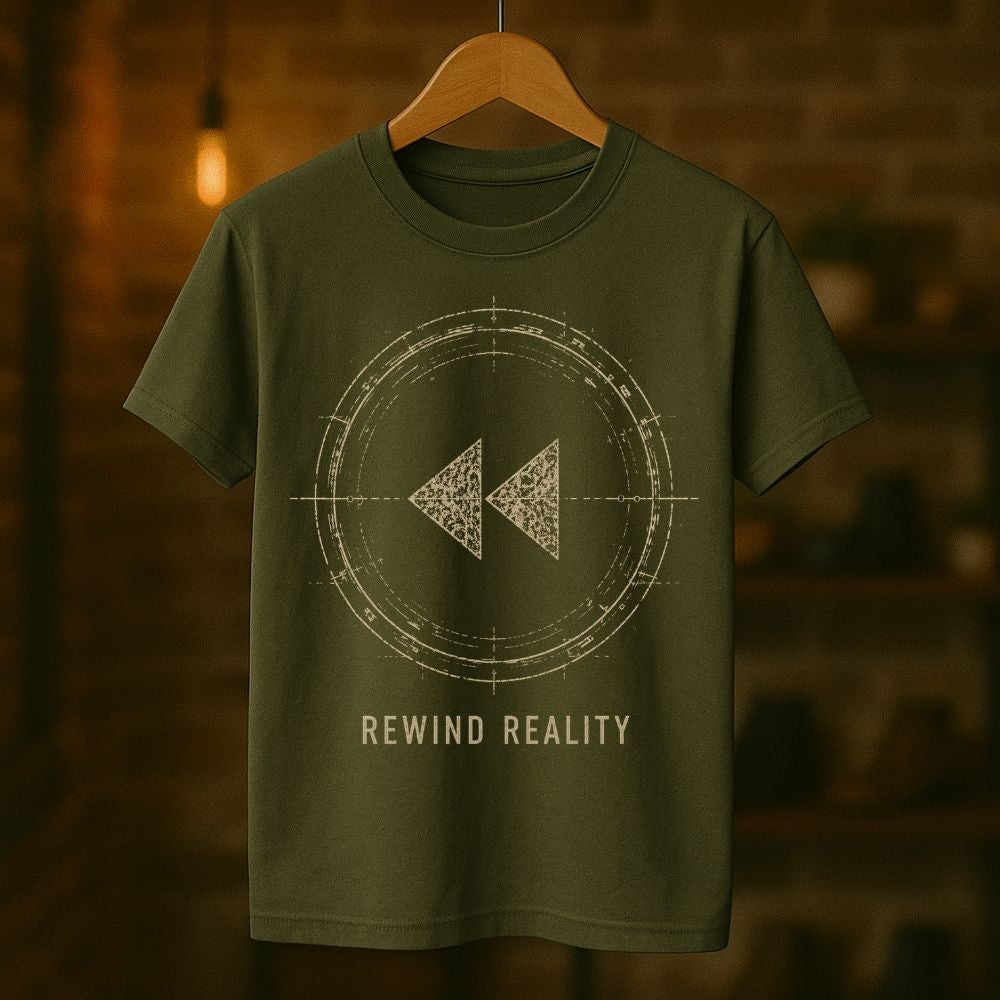 An olive green short-sleeve t-shirt hanging on a wooden hanger against a warm, blurred brick wall background. The shirt features a distressed light beige graphic of a rewind symbol inside a circular frame, with the text 'REWIND REALITY' printed below.