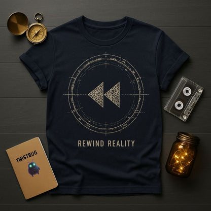 A navy blue graphic t-shirt laid flat on a dark wood background, surrounded by styled props including a compass, cassette tape, notebook, and glowing mason jar. The shirt features a circular rewind symbol and the text 'REWIND REALITY' on the front.