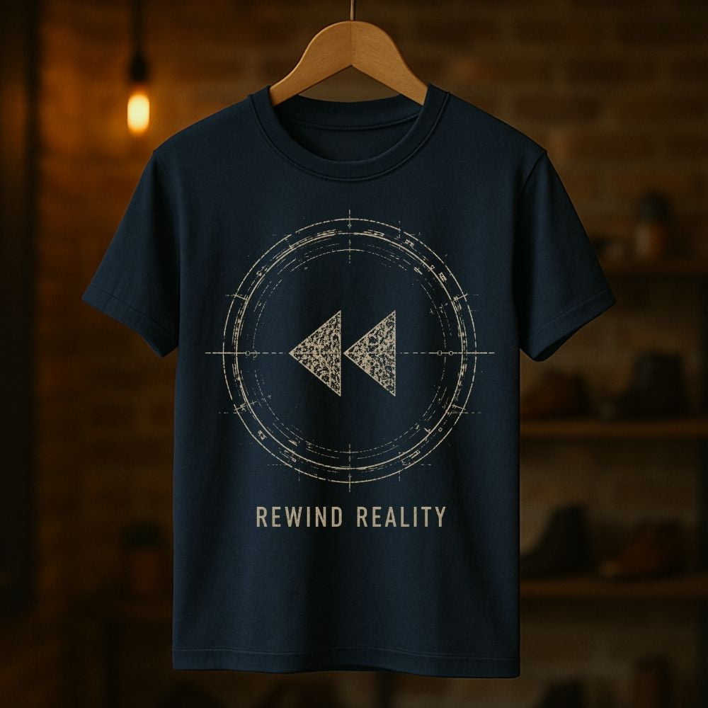 A navy blue t-shirt hanging on a wooden hanger against a warm, blurred brick wall background. The shirt features a distressed beige graphic of a rewind symbol inside a circular target, with the text 'REWIND REALITY' printed below.