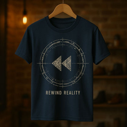 A navy blue t-shirt hanging on a wooden hanger against a warm, blurred brick wall background. The shirt features a distressed beige graphic of a rewind symbol inside a circular target, with the text 'REWIND REALITY' printed below.