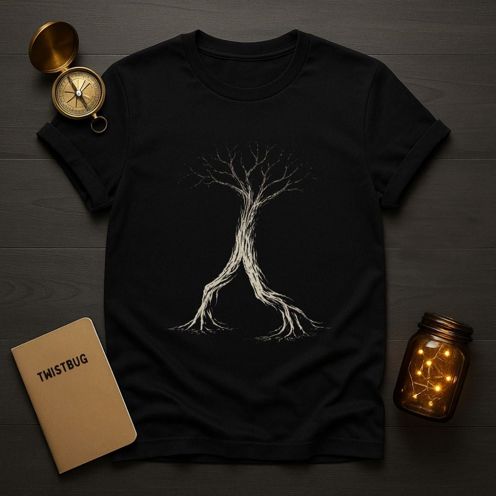Black t-shirt with a tree design on a wooden surface with a compass, notebook, and jar.