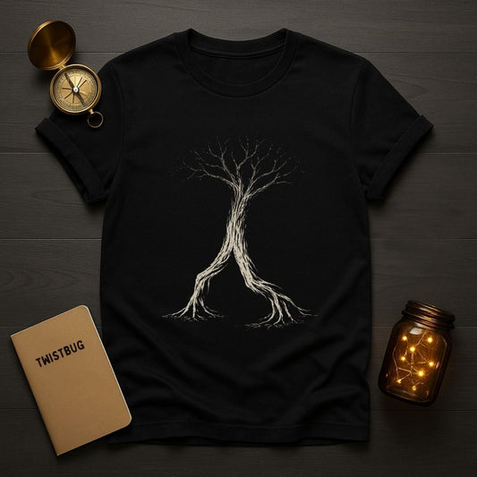 Black t-shirt with a tree design on a wooden surface with a compass, notebook, and jar.