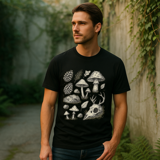 Forest Relics Tee — Forager Grid of Mushrooms & Antler Skull