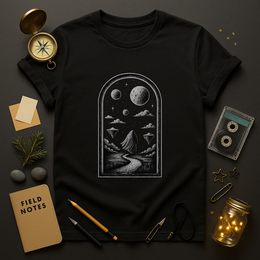 Window to the Cosmos — Celestial Arched Landscape Graphic T-Shirt