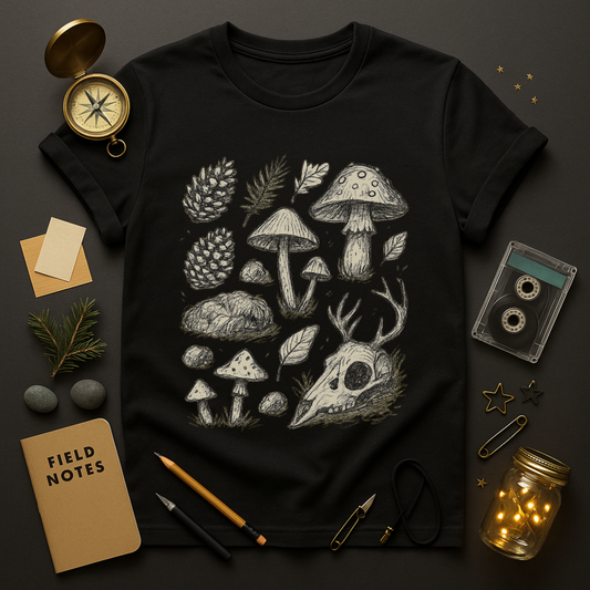 Forest Relics Tee — Forager Grid of Mushrooms & Antler Skull