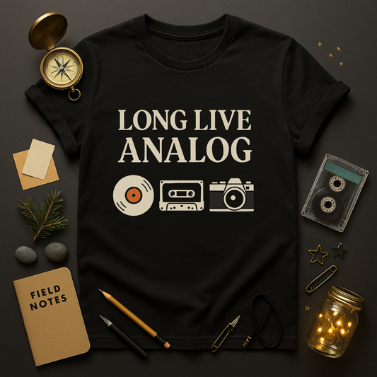“Long Live Analog t-shirt with vinyl record, cassette tape and film camera graphic in bone ink on black”“Retro tech icons—record, cassette, film camera—hand-drawn in bone on black tee”“Unisex black graphic tee reading Long Live Analog with vinyl, cassette and camera icons”
