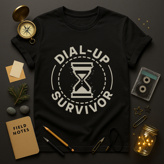 “Dial-Up Survivor t-shirt with pixel hourglass badge in bone/gold on black”

“Retro tech graphic tee—dashed loading ring and pixel hourglass, distressed print”