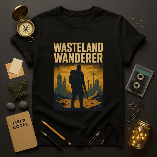 “Wasteland Wanderer t-shirt with lone survivor silhouette, ruined city and wind turbines in bone/gold on black”

“Post-apocalyptic survival graphic tee—hand-drawn distressed print on black cotton”