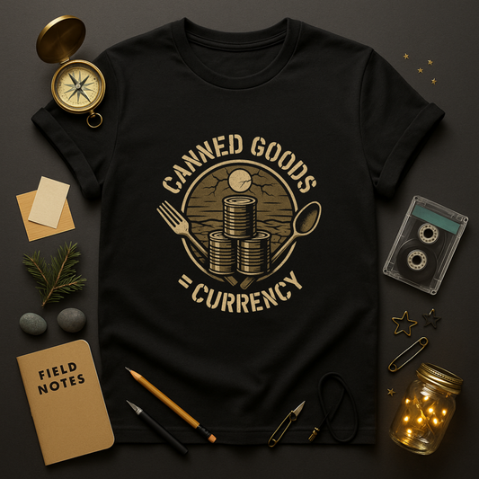 “Canned Goods = Currency t-shirt with stacked cans, fork & spoon, bone/gold on black”

“Post-apocalyptic survivalist graphic tee—barter economy design, distressed print”