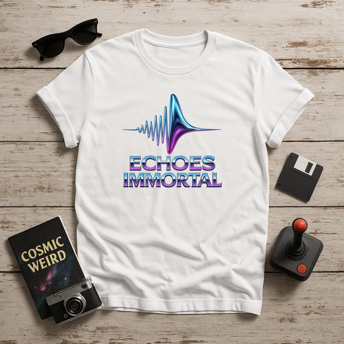 “White retrofuturistic t-shirt with neon waveform and Echoes Immortal text in chromatic colors – Twistbug Retrofuturistic Collection.”