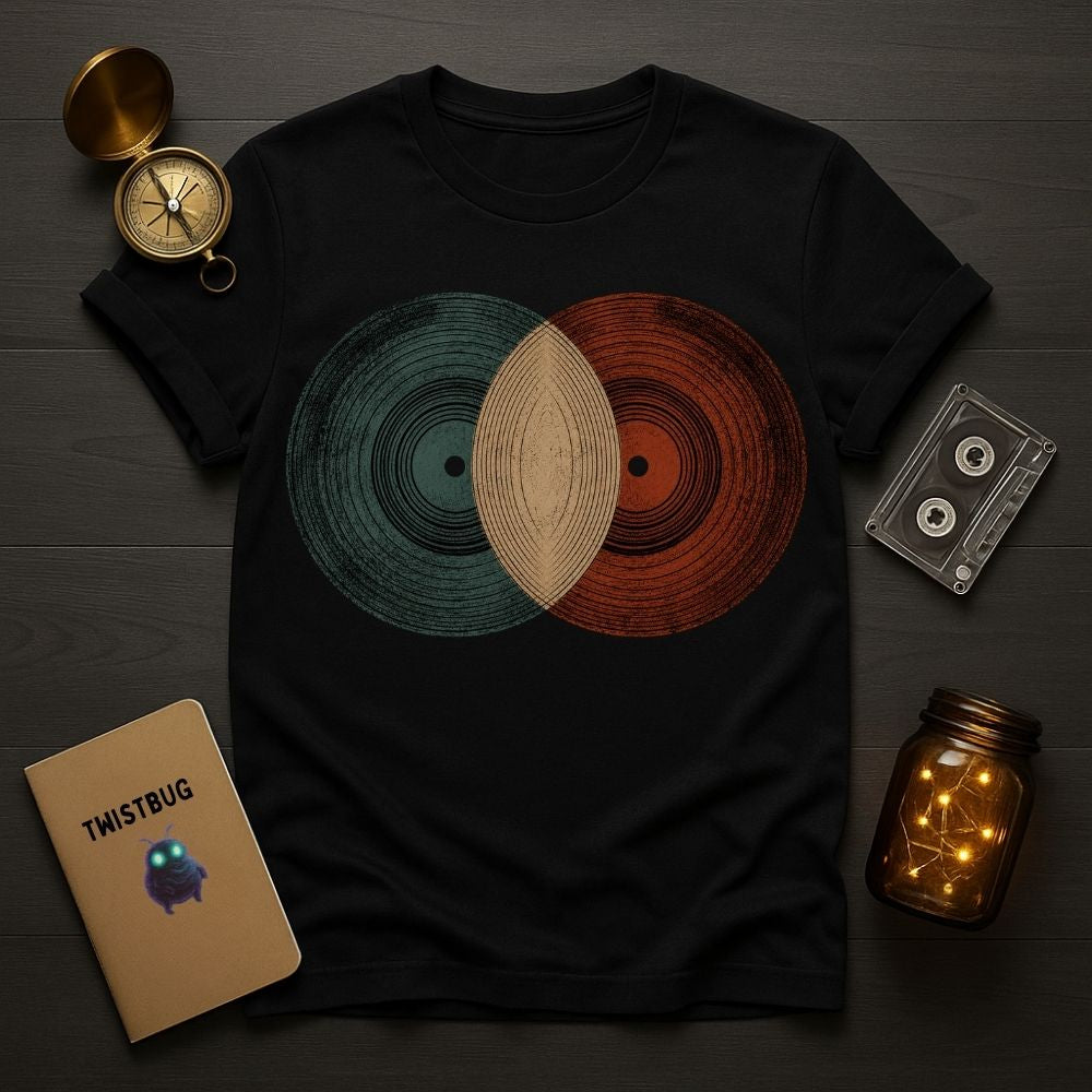 Black t-shirt with vinyl record design on a wooden surface with vintage items.