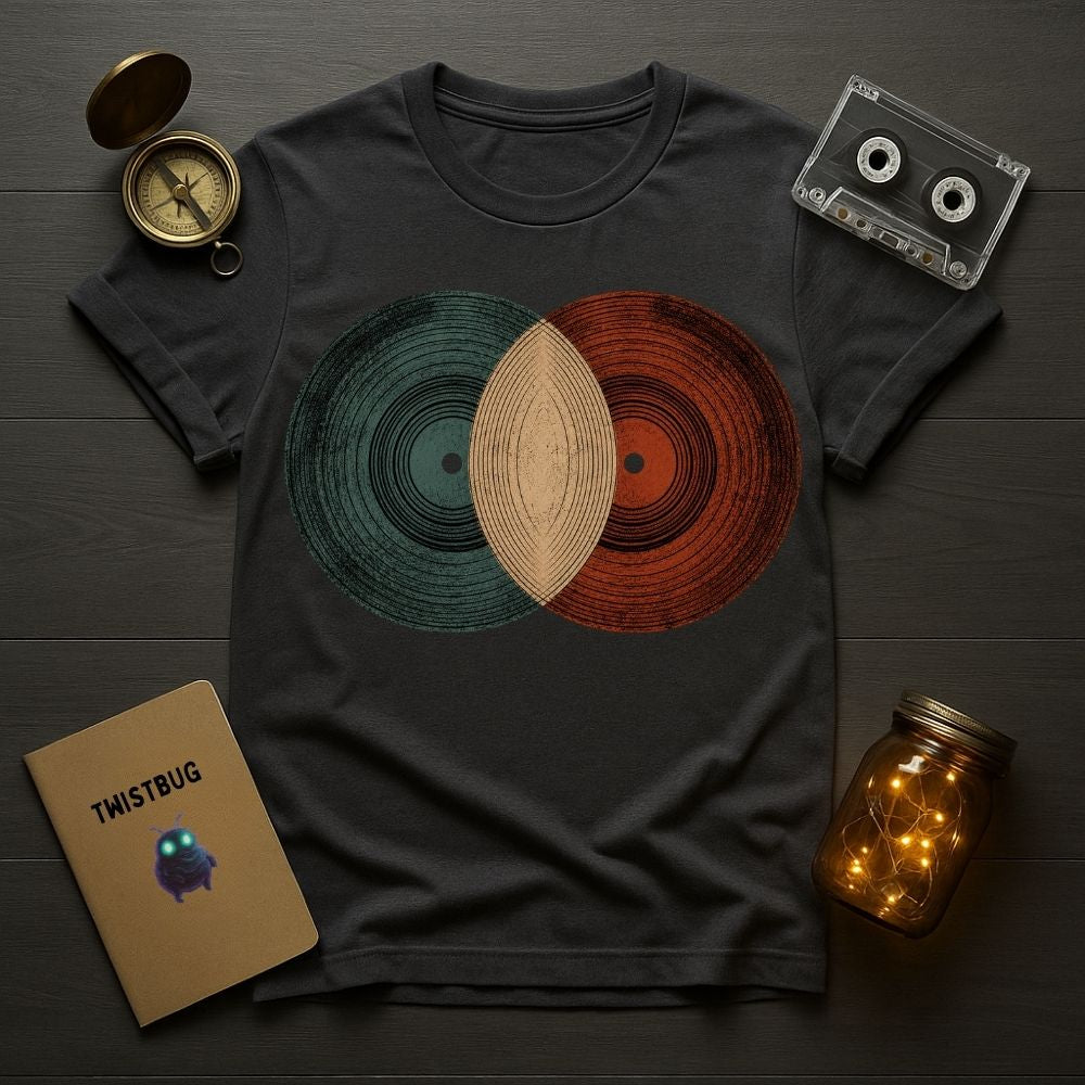 Black t-shirt with vinyl record design on a wooden surface with a notebook, compass, and jar.