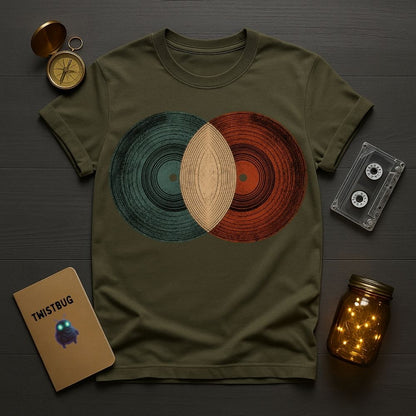 Green t-shirt with vinyl record design on a wooden surface with vintage items.