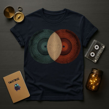 Navy blue t-shirt with vinyl record design on a wooden surface with vintage items.