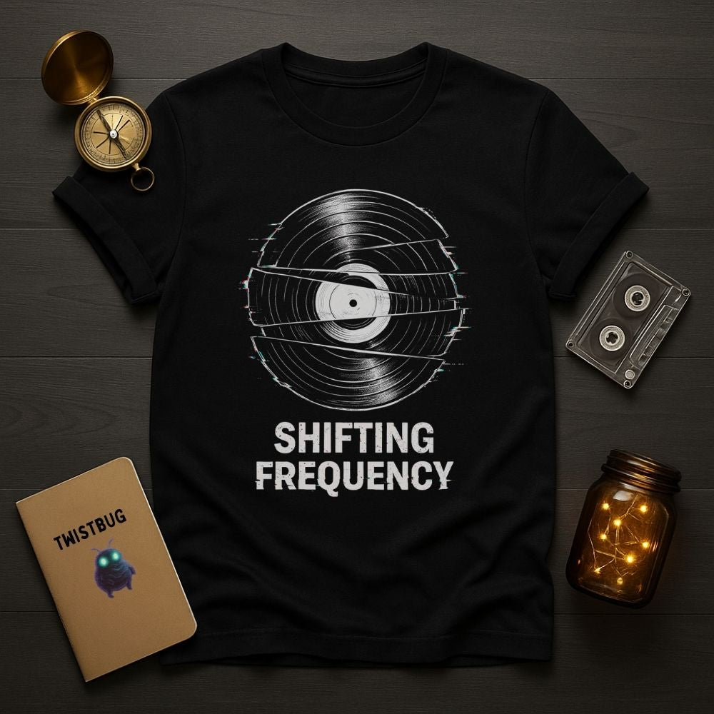 Black t-shirt with 'Shifting Frequency' design on a wooden surface with vintage items.