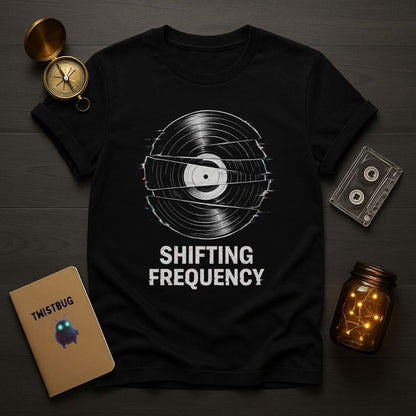 Black t-shirt with 'Shifting Frequency' design on a wooden surface with vintage items.