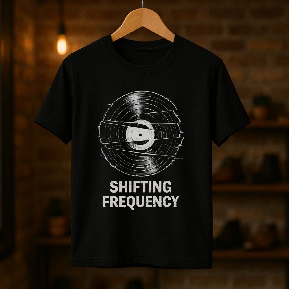 Black t-shirt with vinyl record design and 'Shifting Frequency' text on a wooden hanger against a dark background.