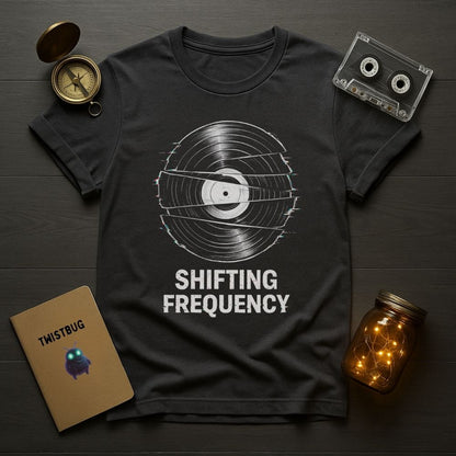 Black t-shirt with 'Shifting Frequency' design on a wooden surface with a cassette tape, compass, and jar.