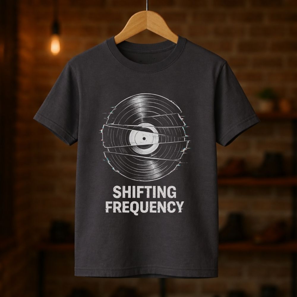 Black t-shirt with 'Shifting Frequency' design on a wooden hanger against a brick wall background