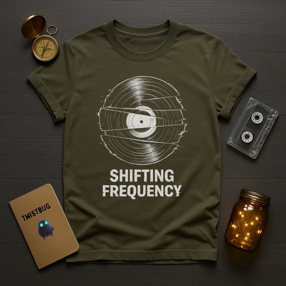Green t-shirt with 'Shifting Frequency' design on a wooden surface with vintage items.