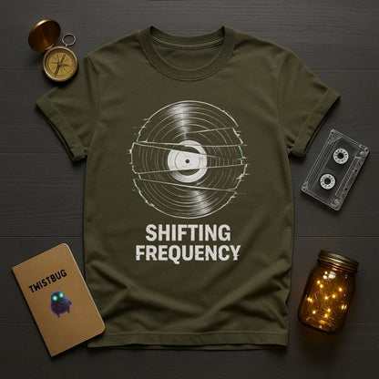 Green t-shirt with 'Shifting Frequency' design on a wooden surface with vintage items.
