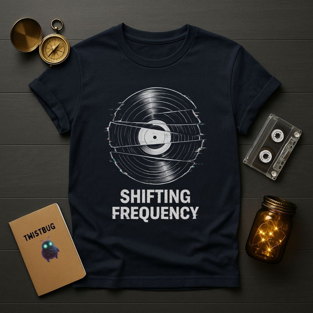 Navy blue t-shirt with 'Shifting Frequency' design on a wooden surface with vintage items.