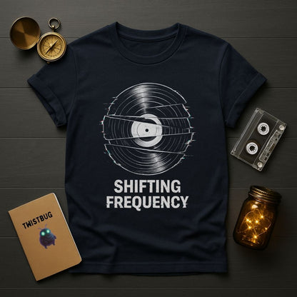 Navy blue t-shirt with 'Shifting Frequency' design on a wooden surface with vintage items.