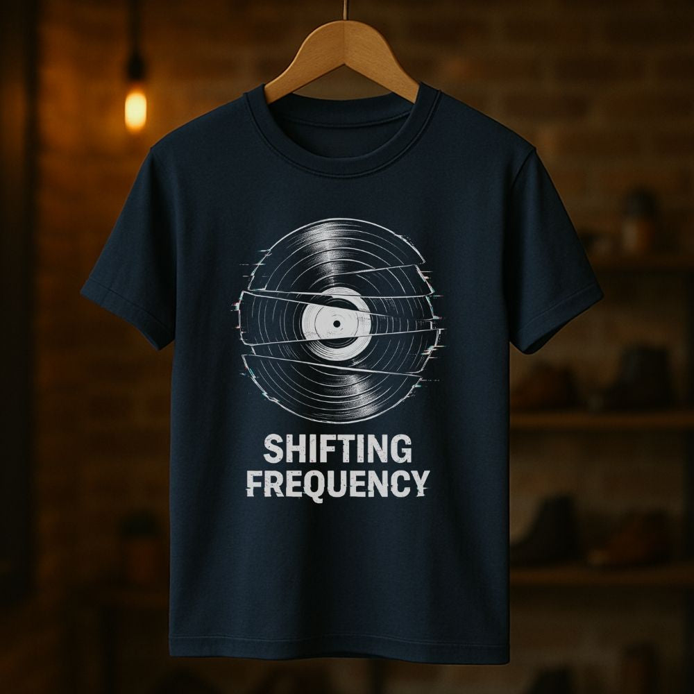 Navy blue t-shirt with 'Shifting Frequency' design on a wooden hanger against a dark background
