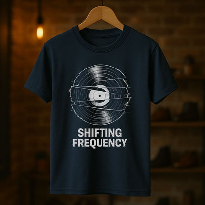 Navy blue t-shirt with 'Shifting Frequency' design on a wooden hanger against a dark background