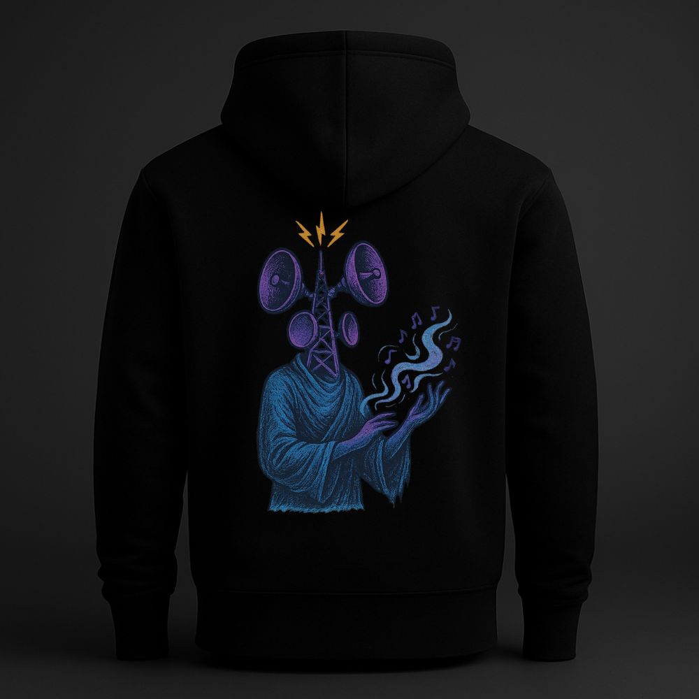 Black hoodie featuring a surreal robed figure with loudspeakers for a head, emitting sound waves and lightning symbols in a dystopian streetwear illustration.
