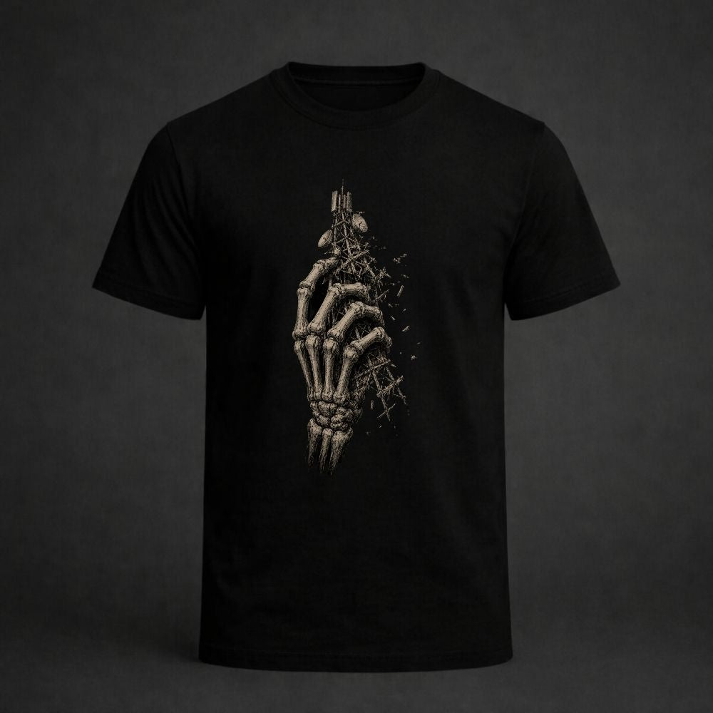 Black t-shirt with a skeleton hand design on a dark background