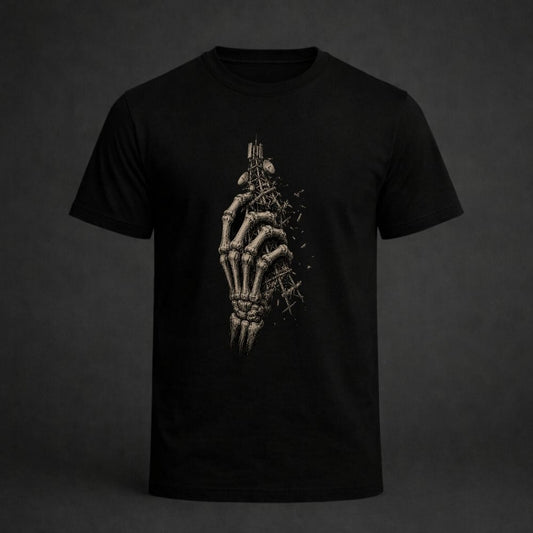 Black t-shirt with a skeleton hand design on a dark background