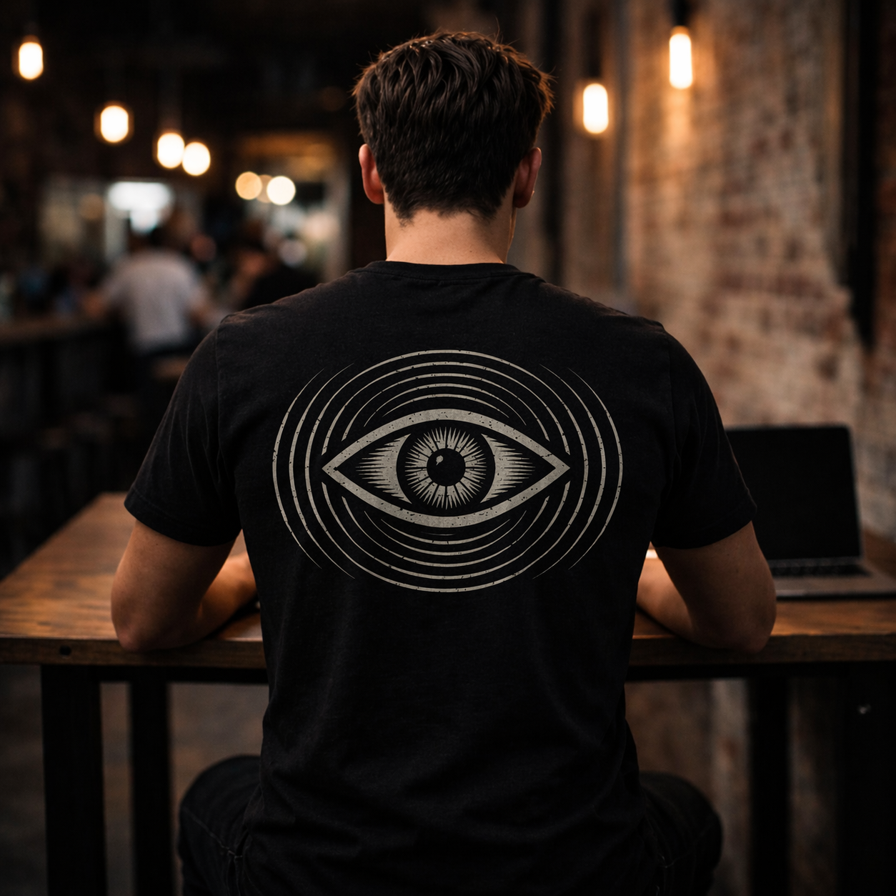 Person wearing a black t-shirt with a white eye design in a dimly lit room.