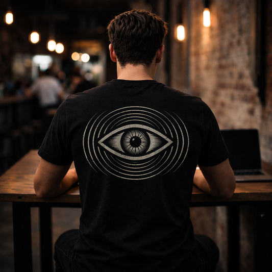 Person wearing a black t-shirt with a white eye design in a dimly lit room.