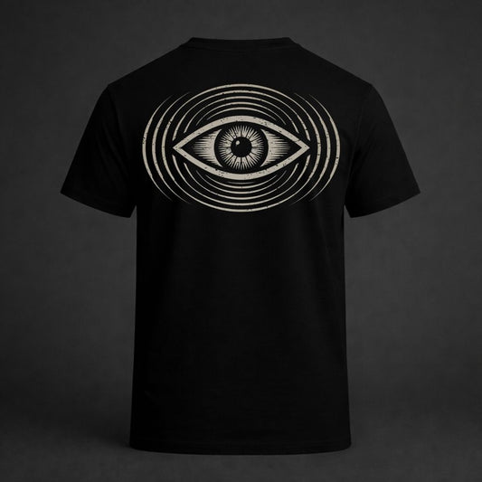 Black t-shirt with a white eye design on the back against a dark background