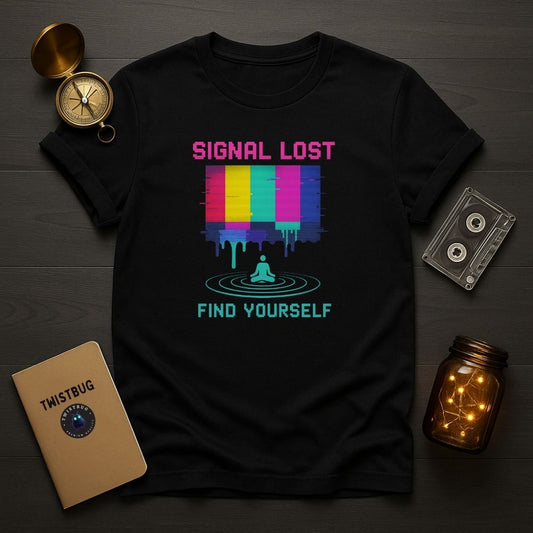 Black “Signal Lost Find Yourself” T-shirt with glitch color bars and meditating figure, retro flat lay.