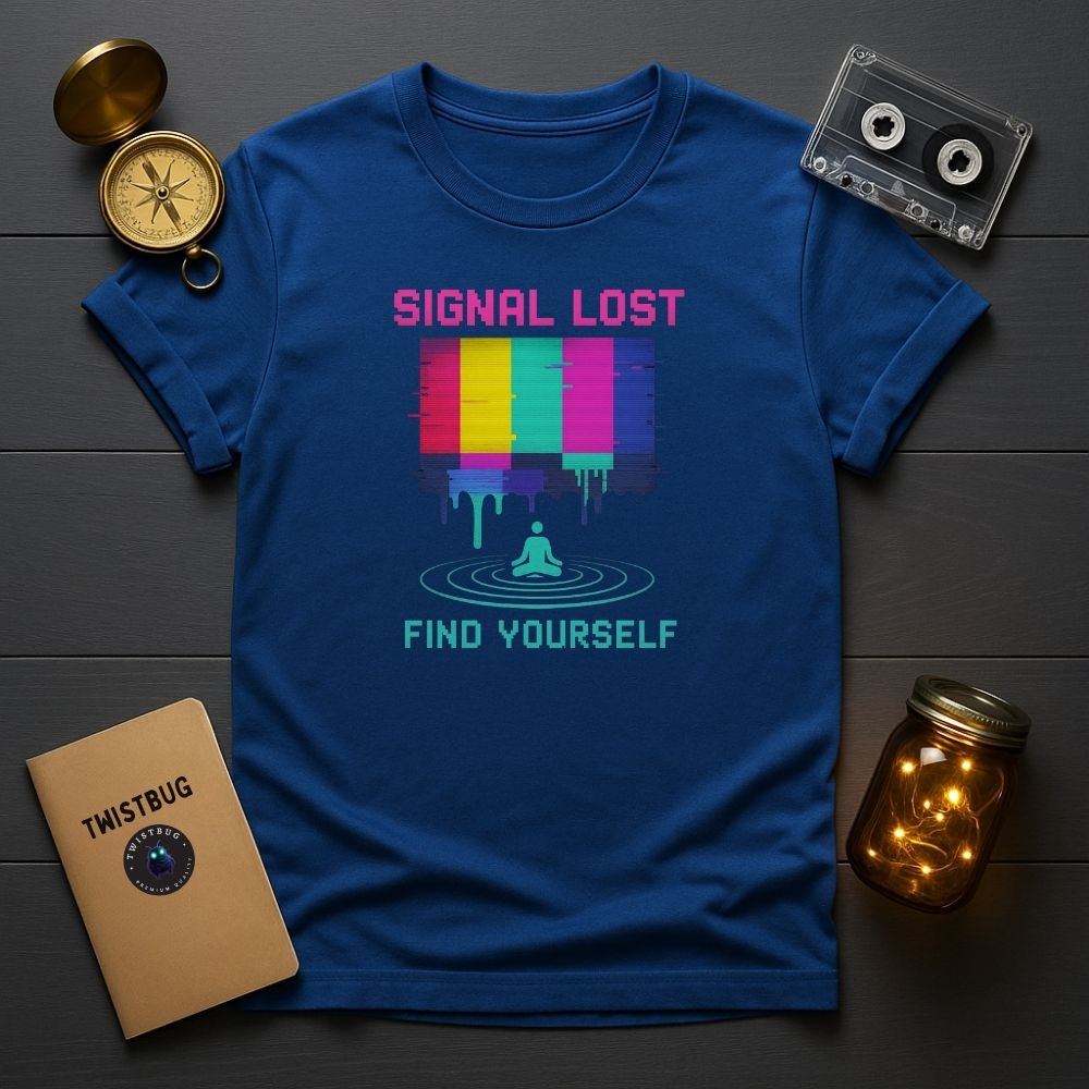 Royal blue meditation glitch art T-shirt flat lay with nostalgic props.