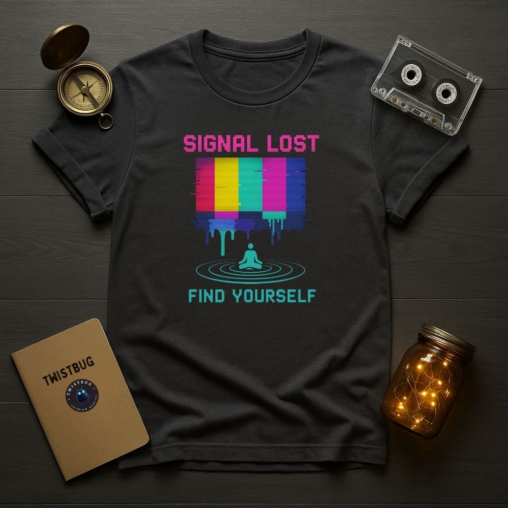 Charcoal glitch meditation shirt, surreal color bar art on dark wood background.