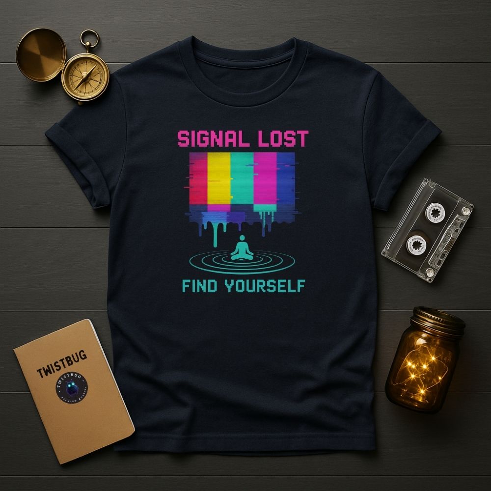 Navy “Signal Lost Find Yourself” T-shirt, pixel meditation graphic.