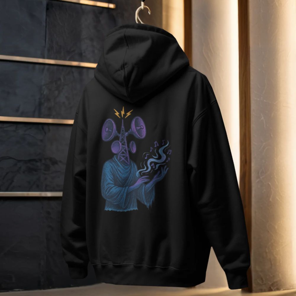 Black hoodie with surreal signal siren figure emitting sound waves, back print design, studio setting