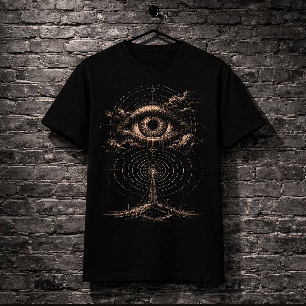 Black t-shirt with eye design hanging on a brick wall