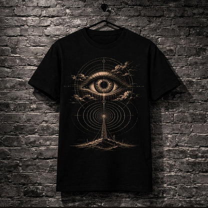 Black t-shirt with eye design hanging on a brick wall