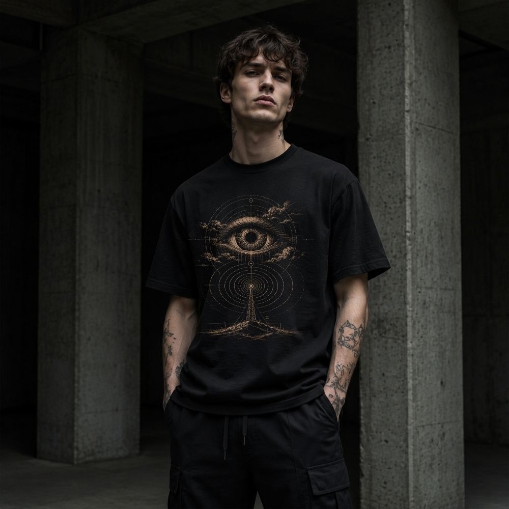 Person wearing a black t-shirt with a symbol design in a dark setting
