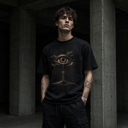 Person wearing a black t-shirt with a symbol design in a dark setting