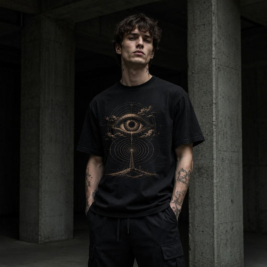 Person wearing a black t-shirt with a symbol design in a dark setting